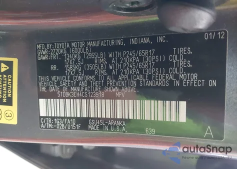 2012 Toyota Highlander Base V6 z USA, uszkodzony, nr VIN 5TDBK3EH4CS123918